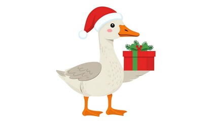 Obraz premium Cute goose wearing a Santa hat and holding a gift