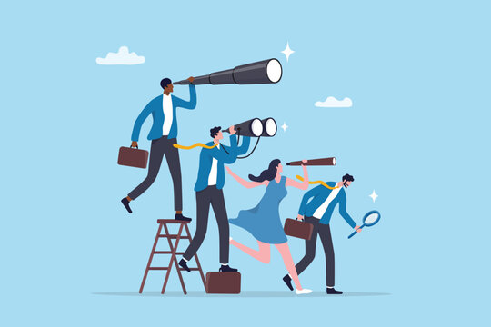 Discover or finding opportunity, searching for new career, job or possibility, finding new job, candidates or insight concept, business people look through spyglass, telescope to see opportunity.