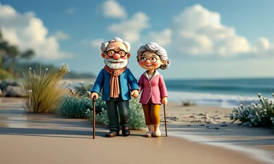 Animated elderly couple walking hand in hand along a sunny beach with clear blue sky and gentle waves in the background - Powered by Adobe