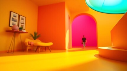 Extreme macro close-up, professional photography of a minimalist interior with bright vibrant colors, warm soft lighting, sharp focus on small subject details, soft contrast and saturation