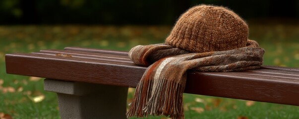 Cozy autumn scene warm hat and scarf on a park bench nature outdoor setting calm atmosphere