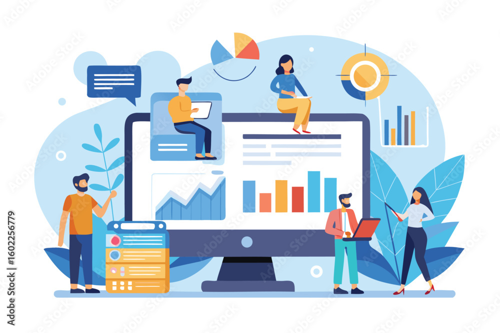 Poster professionals using digital tools to analyze data and create charts in a modern office setup with a 