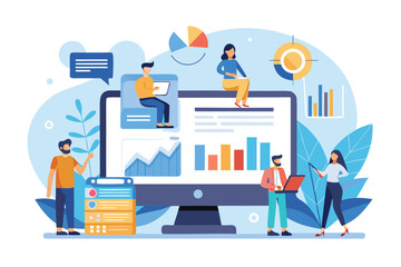 Professionals using digital tools to analyze data and create charts in a modern office setup with a large screen displaying statistics and graphs