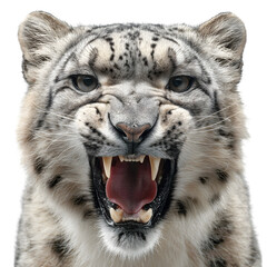 Fototapeta premium Ferocious snow leopard with mouth wide open showing sharp fangs and intense gaze and high contrast lighting and isolated white background Batch realistic clean bright simple modern stock image iso