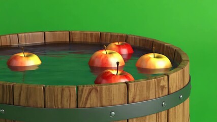 Classic wooden tub filled with rippling water and red apples bobbing, some splashing, fully isolated on a green background 