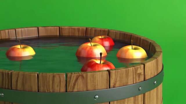 Classic wooden tub filled with rippling water and red apples bobbing, some splashing, fully isolated on a green background 