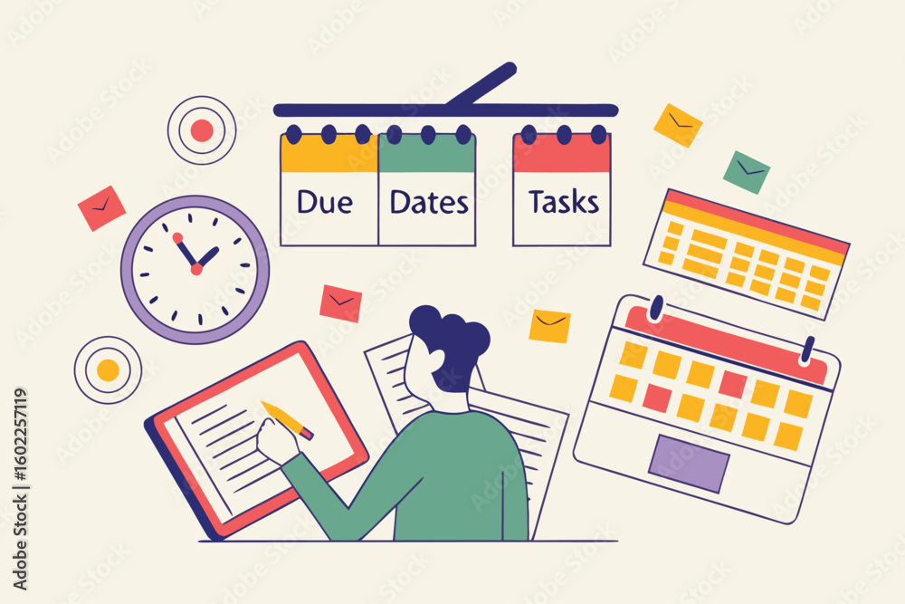 Poster planning and organizing tasks with due dates and calendars in a creative workspace environment