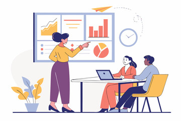 Team member presents data and strategy in a collaborative meeting setting with charts displayed on a screen