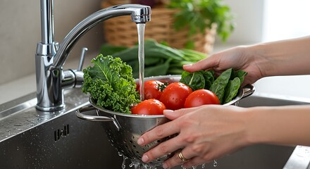 Hands washing fresh vegetables in a kitchen sink under running water