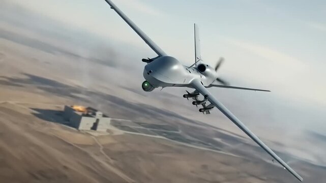 A military drone flying over a desert landscape, launching missiles at a target building with smoke