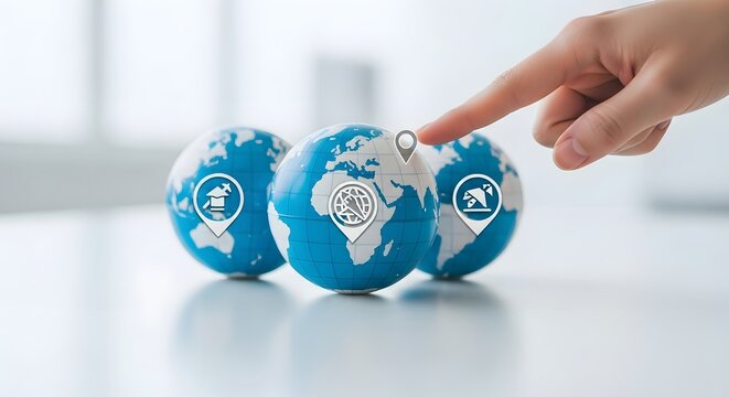 Global business strategy and risk management concept with a hand pointing to a world map showing technology and environmental factors.