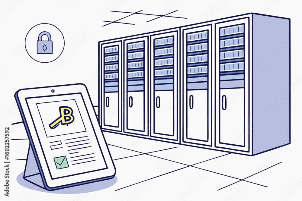 Aufkleber digital security solution features a tablet displaying a key and a secure server room with locked ca