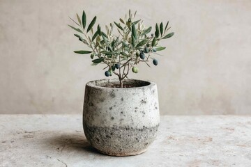 Small olive tree in a speckled gray and white pot