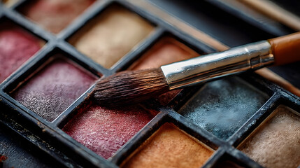 Close up of eyeshadow palette with brush for beauty makeup and cosmetic products for professional use