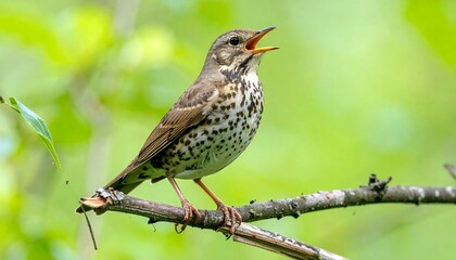 A song thrush perched atop a branch with mouth open singing amidst verdant foliage is the focus of