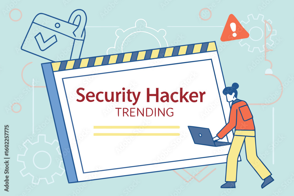 Poster security hacker trends highlighted through digital art depicting a character navigating technology a