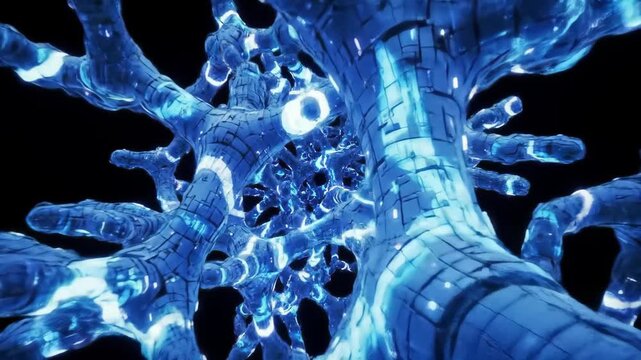 An immersive journey through a glowing blue, abstract neural network. This futuristic animation visualizes the complex pathways of an artificial intelligence brain, big data connections.