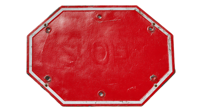 Worn Red Octagonal Stop Sign on Transparent Background, PNG