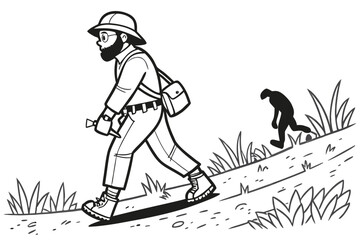 Adventurer explores woodlands searching for elusive creature while mysterious figure lurks in shadows along grassy trail
