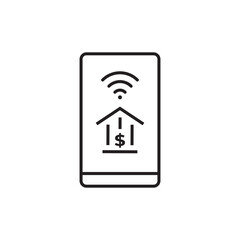 Outline icon of a smartphone with a wireless signal and a bank symbol, representing mobile banking and digital transactions. Suitable for finance, fintech, and app UI.