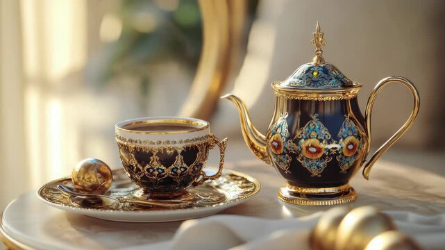 A vintage porcelain tea set with blue and gold pattern, featuring a teacup and saucer in an antique design. The set includes fine details and is perfect for traditional or luxurious tea times.