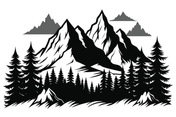 Majestic mountains rise above a dense forest in a striking monochrome landscape featuring rugged peaks and tall evergreen trees