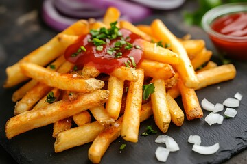 French Fries Pakistani-style topped with chat masala, ketchup swirl, and finely chopped onions 