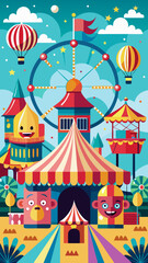 Obraz premium Vector art of a vibrant and whimsical illustration of a bustling amusement park at daytime