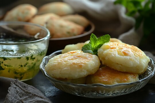 Gol Gappay with a glass bowl of spicy mint water, sweet imli chutney, and potato filling in the background 