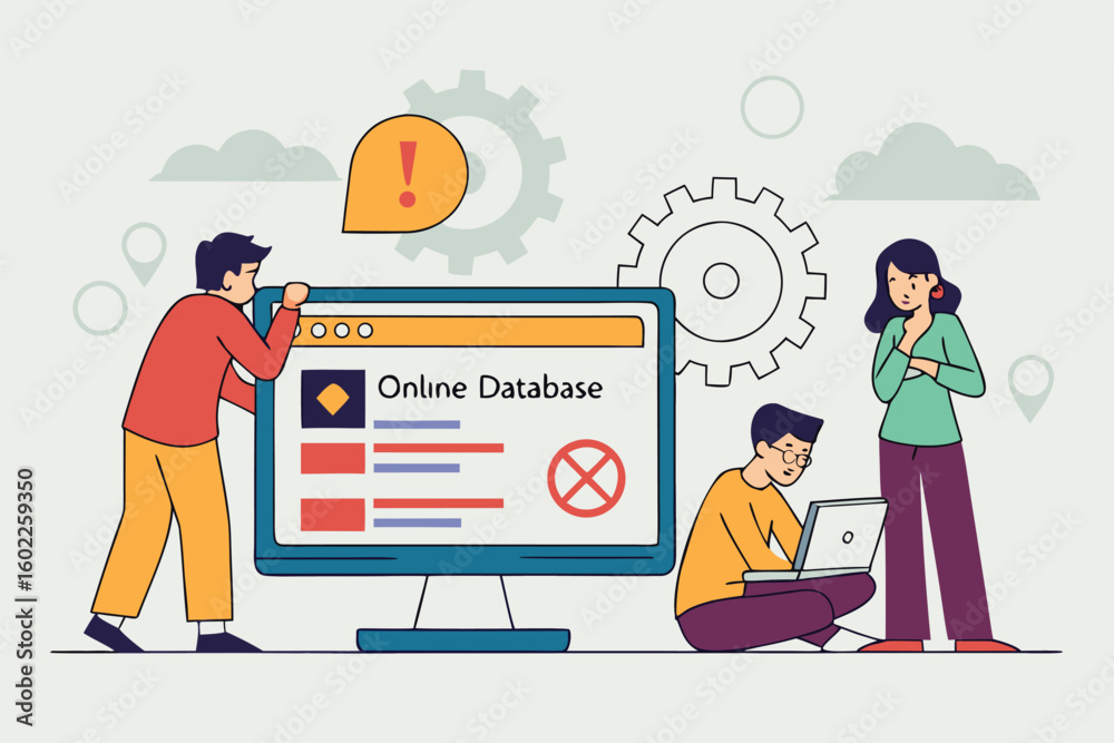 Poster team collaborates on modern online database system while troubleshooting issues in a digital workspa