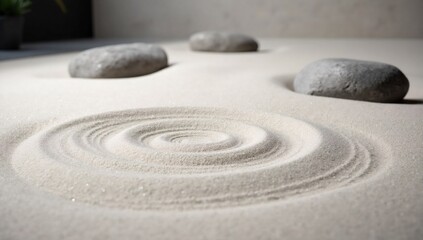 Miniature Zen garden with raked sand patterns and smooth stones