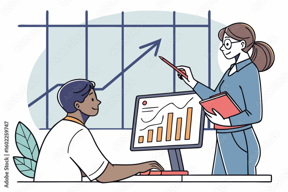 Poster office workers collaborate on data analysis and strategy development while reviewing charts during a