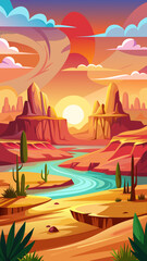 Obraz premium Vector art of a vibrant stylized illustration of a desert canyon at sunset with a winding river