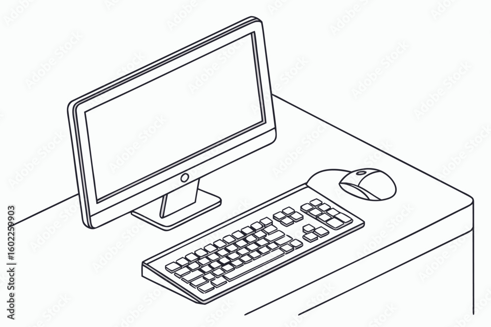 Fototapete minimalist computer setup featuring a monitor, keyboard, and mouse on a desk with a clean design and