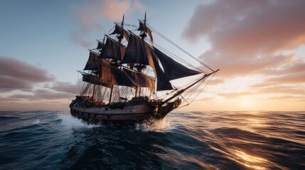 A majestic three-masted sailing ship with black sails cuts through ocean waves during a vibrant sunset, the sky ablaze with orange and purple hues