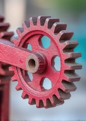 Close-up of a vibrant red metallic gear, showcasing its intricate cogs and central axle, possibly part of a larger machinery or antique device.  The blurred background hints at an outdoor setting