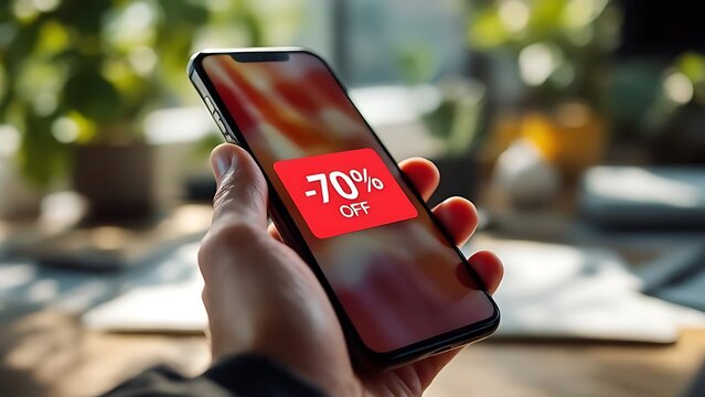 A smartphone screen shows a flash sale discount notification. Ideal for digital marketing, online shopping, and e-commerce promotion visuals