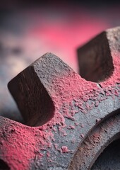 Close-up of a weathered, dark-grey metal gear with chipped reddish-pink paint, showing texture and age