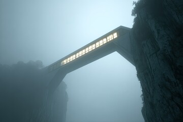 Futuristic bridge structure spans misty chasm between cliff faces, illuminated windows glow faintly in the fog