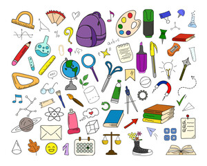 Set of colorful hand-drawn school and education icons on white background. Includes books, lab tools, art, math, and science elements. Perfect for learning materials and creative design.