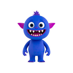 Fototapeta premium Friendly blue monster character with purple ears and hair smiling widely showing sharp teeth, standing on transparency background with vibrant colors and playful expression