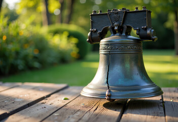Obraz premium A close-up view of a historic bell resting on a wooden surface