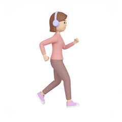 Young woman walking with headphones on, wearing casual pink and brown outfit and sneakers, enjoying music with happy expression on white background