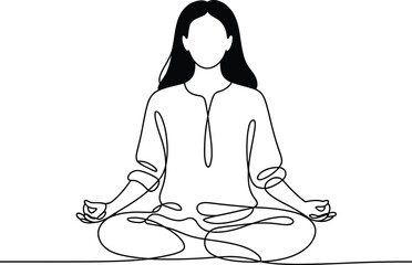 Woman meditating in lotus pose with hands in mudra gesture line art
