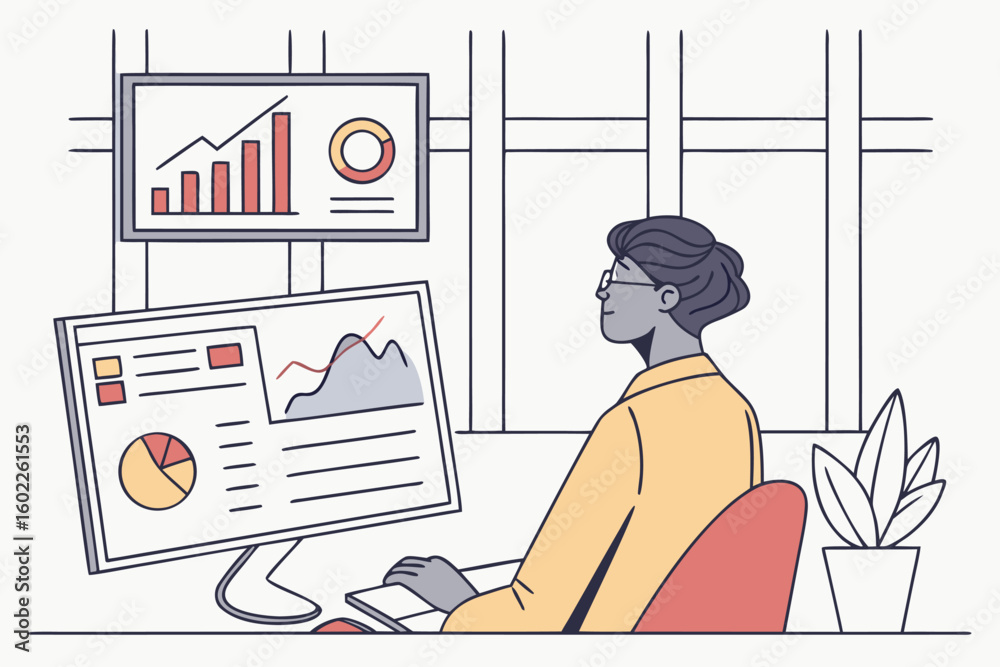 Poster data analyst reviewing performance metrics on computer screen with charts and graphs in a modern off
