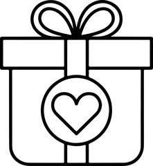 Simple line art drawing of a gift box with a heart tag and ribbon bow