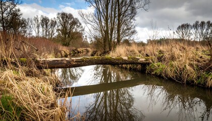 Tranquil waterway with fallen log bridge
