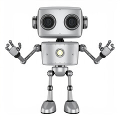 Robot with big eyes and metallic texture stands with arms raised in friendly gesture on white background, showing futuristic and playful design