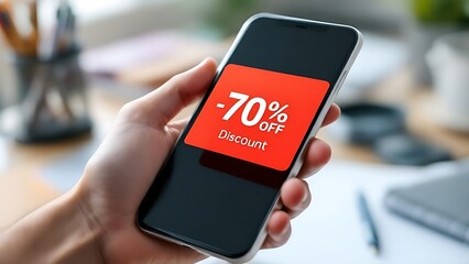 A smartphone screen shows a flash sale discount notification. Ideal for digital marketing, online shopping, and e-commerce promotion visuals