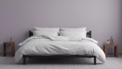 Minimalist bedroom interior with comfortable bed and white bedding
